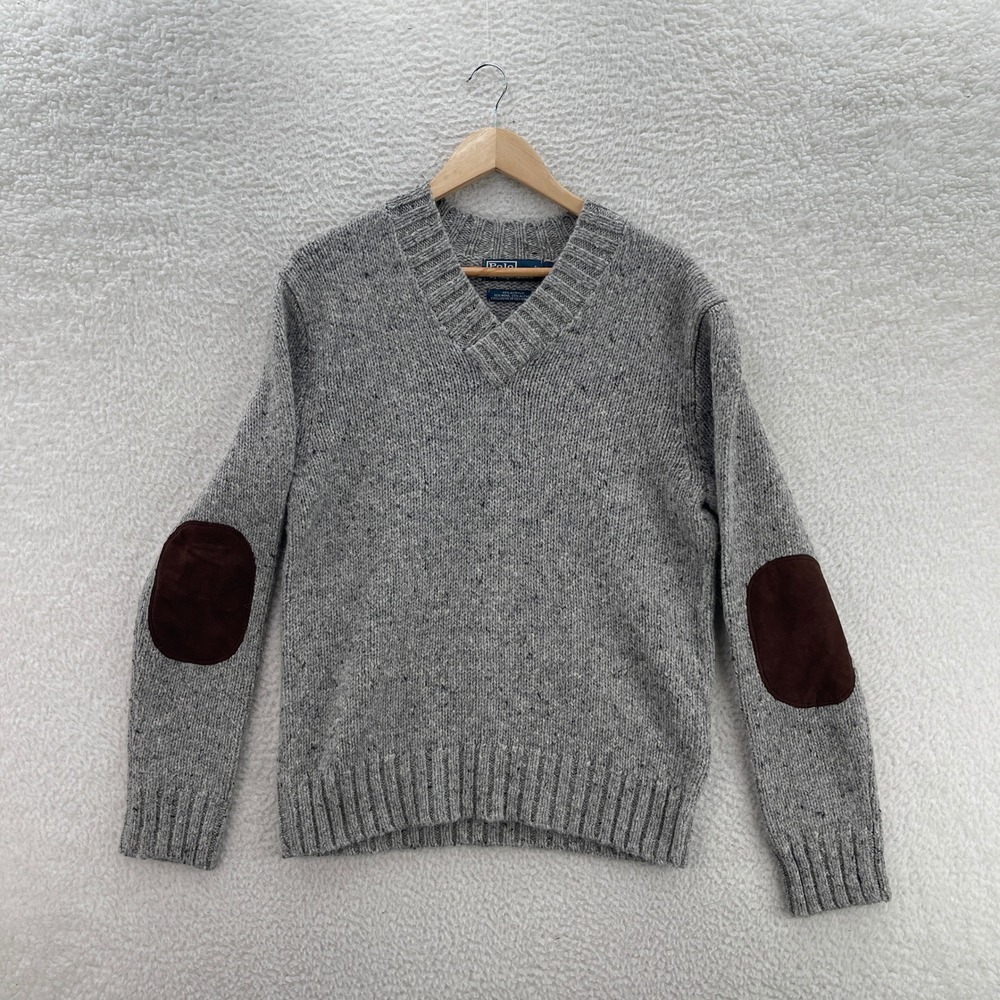 Polo Ralph Lauren Sweater Men M Gray Alpaca Wool Blend Elbow Patch Preppy Chunky